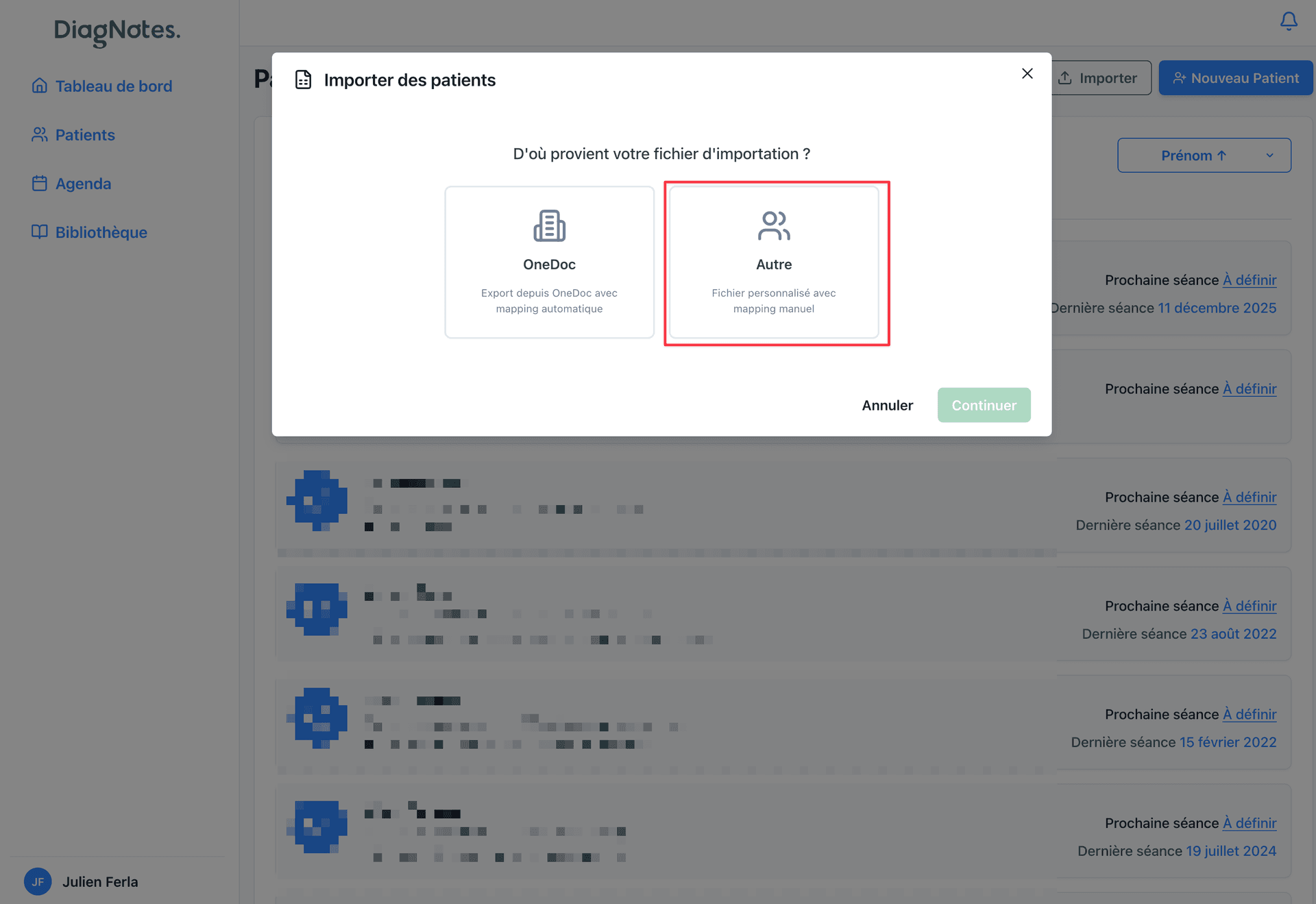 Sélection du fichier à importer Sélection du fichier patients CSV ou Excel