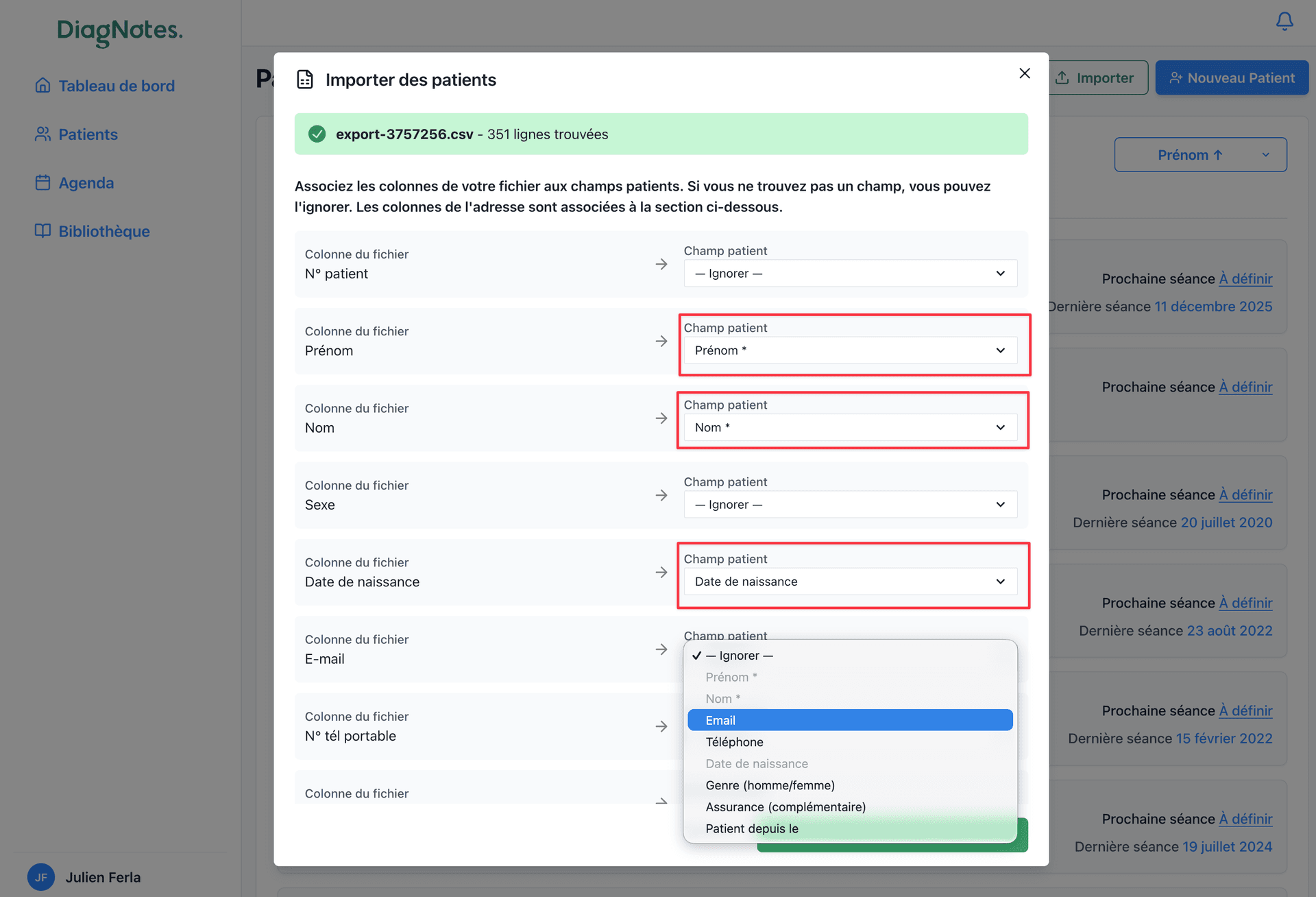 Vérification et association des champs patients Vérification des champs avant import