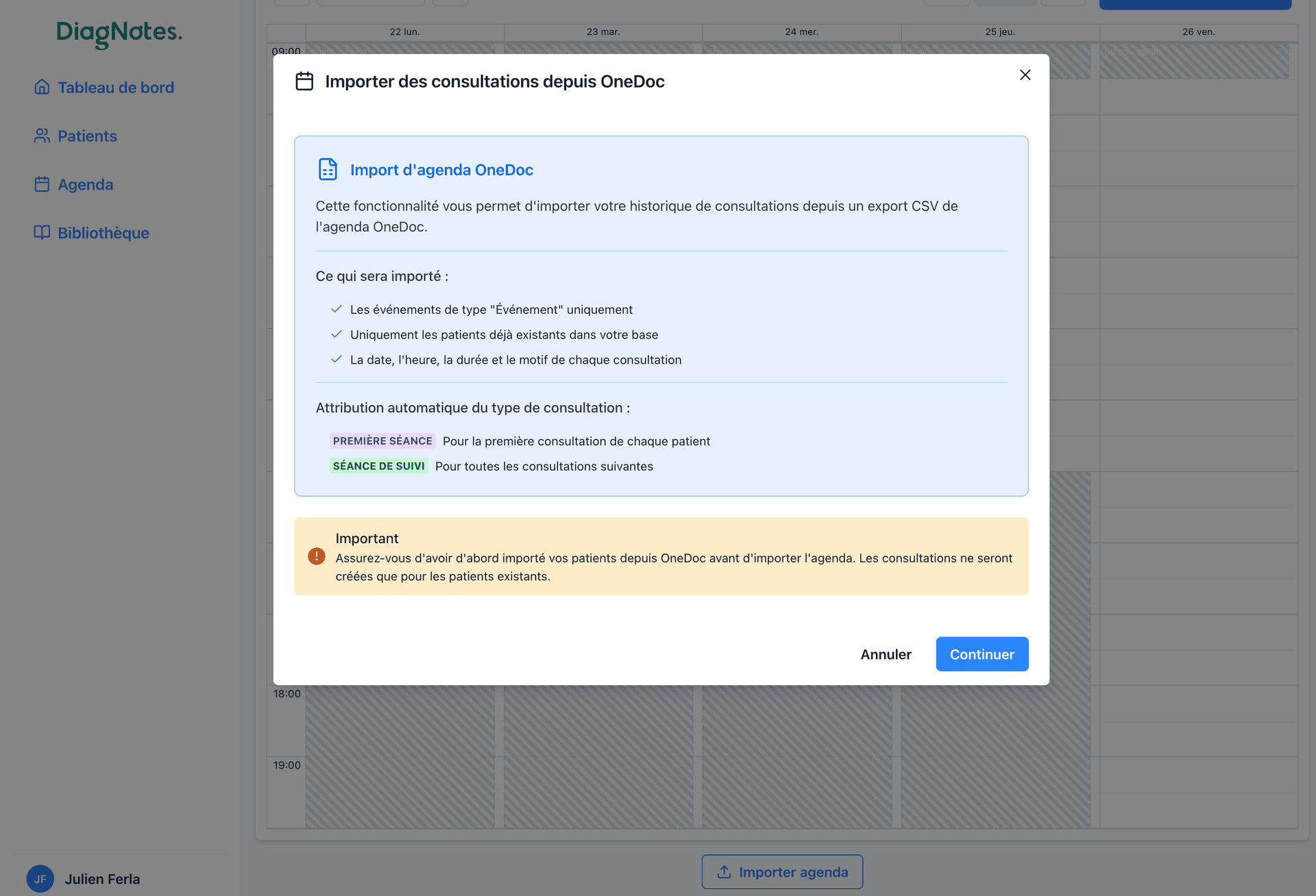 Accéder à l’import des rendez-vous Accéder à l’import des rendez-vous dans DiagNotes
