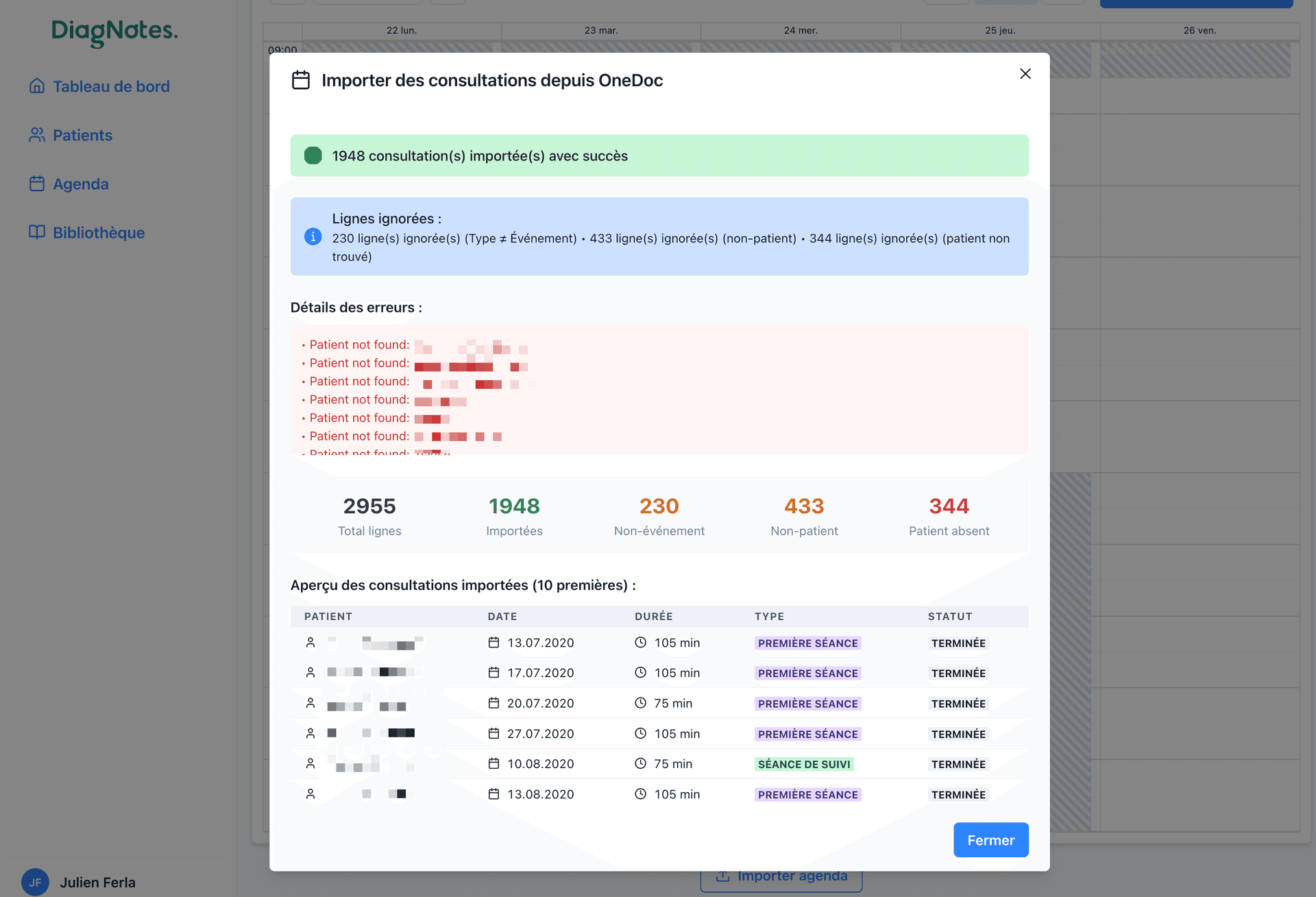 Résultat de l’import Récapitulatif de l’import des rendez-vous